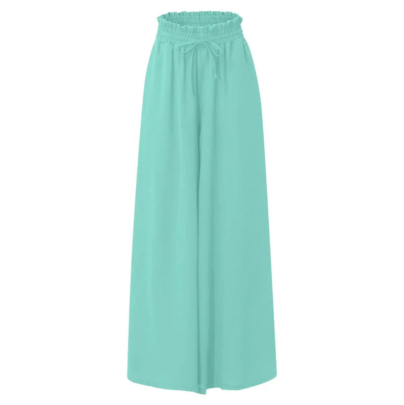 Women Casual Elastic Waist Wide Leg Pants Summer Elegant Drawstring Loose Straight Trouser Elegant Solid Pants Vacation Beach