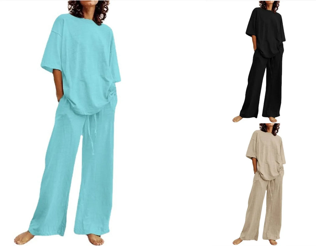Fashion Women's 2-piece Set 2024 Summer Casual Pocket Set Half Sleeve O-Neck Top and Wide Leg Large Outline Pants Set