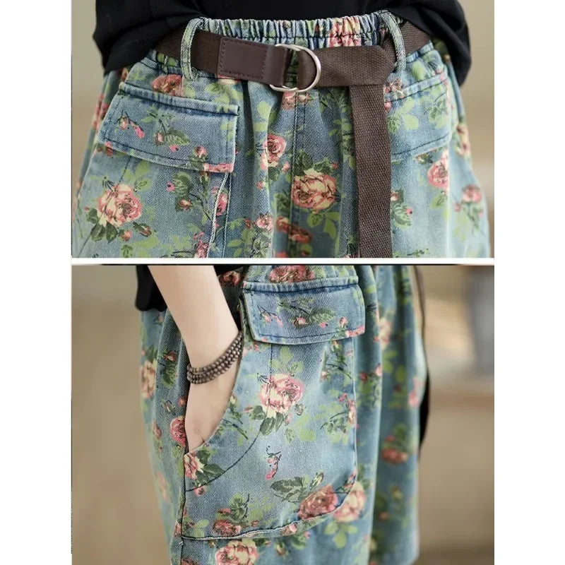 Retro Floral Printed Denim Wide-leg Shorts Women Summer Latest Fashion Baggy Big Size Girl Thin Elastic Waist Jean Short Pants