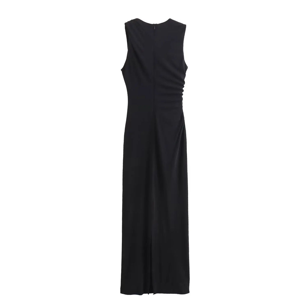 BSAY Women Fashion Summer New White Pleated Back Zip Sleeveless Crewneck Vest Long Dress Chic Female Elegant Evening