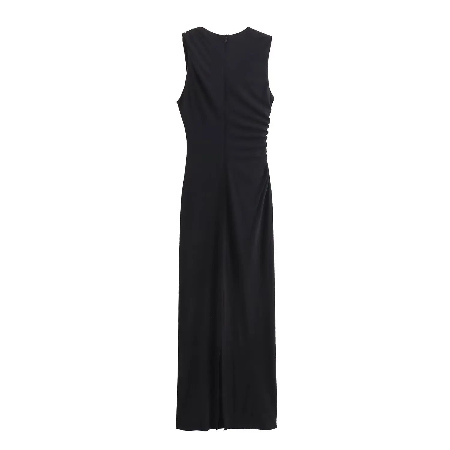 BSAY Women Fashion Summer New White Pleated Back Zip Sleeveless Crewneck Vest Long Dress Chic Female Elegant Evening