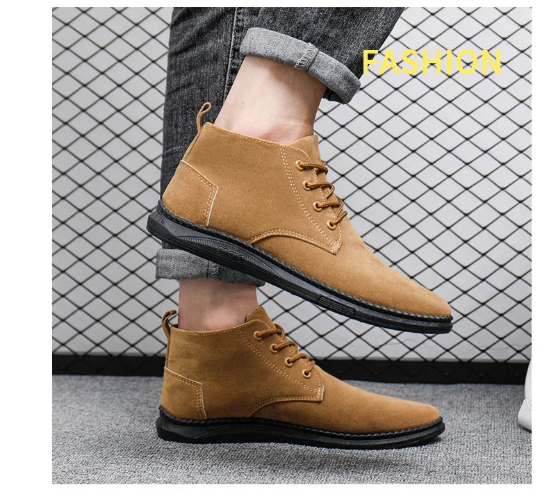 High Top Casual Grey Suede Shoes Men's Lace Up Black Flat Bottom Short Boots Men's Chelsea Boots High-quality Brand Denim Boots