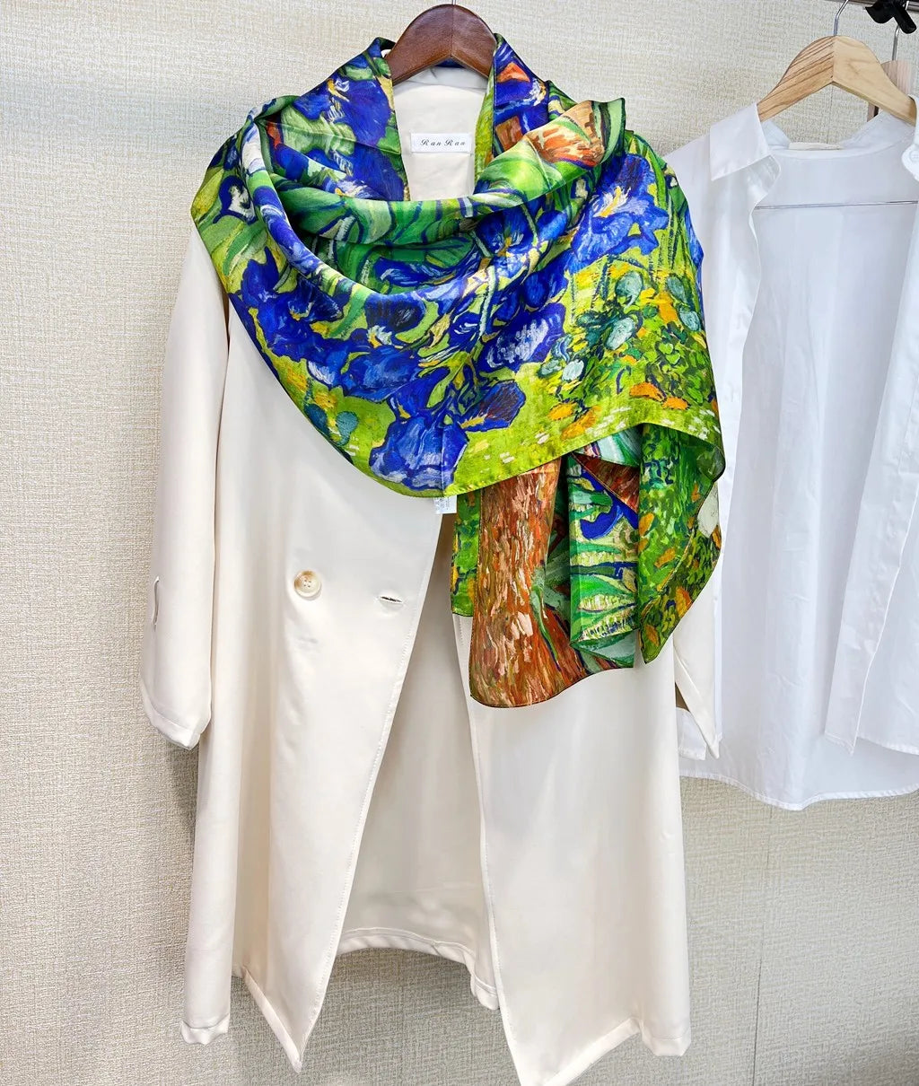 Birdtree, 9MM 100%Real Silk Scarf Shawl, Thin Plum Bossom Summer Beach Shawls Scarfs, Fall Winter Neck Head P36714QM