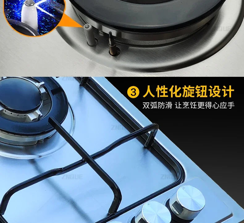 3-Burner Stainless Steel Gas Hob European Style Built-in Natural Gas Kitchen Stove