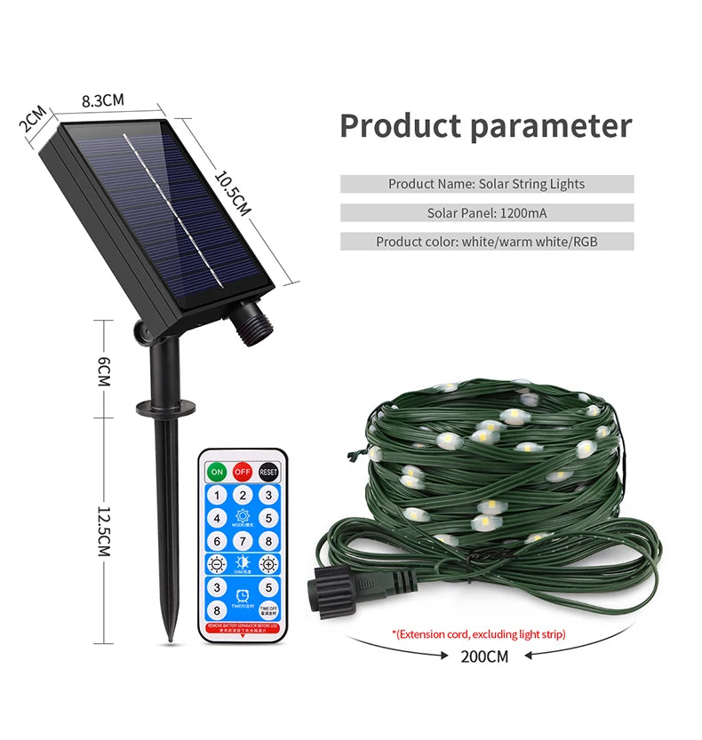 Built-in Large Capacity Battery Solar Outdoor Led String Lights Waterproof Durable Garden Lamp for Camping Wedding Birthday Part