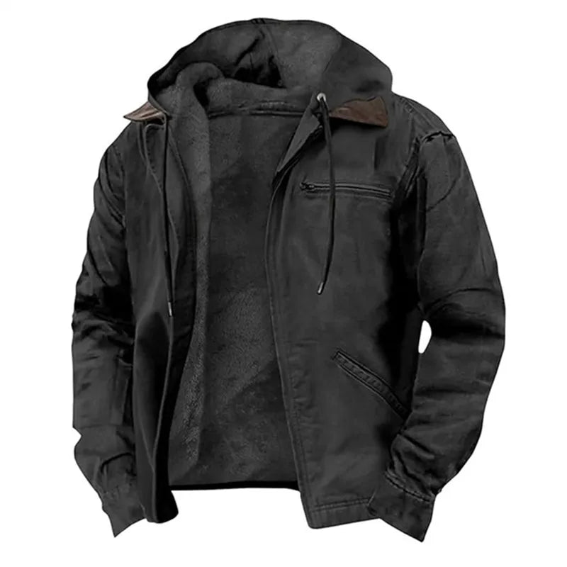 Winter New Men Casual Jackets Hooded Zipper Pocket Fashion Solid Color Fleece Warm Outerwear Male Outdoor Hooded Hoodie Coats