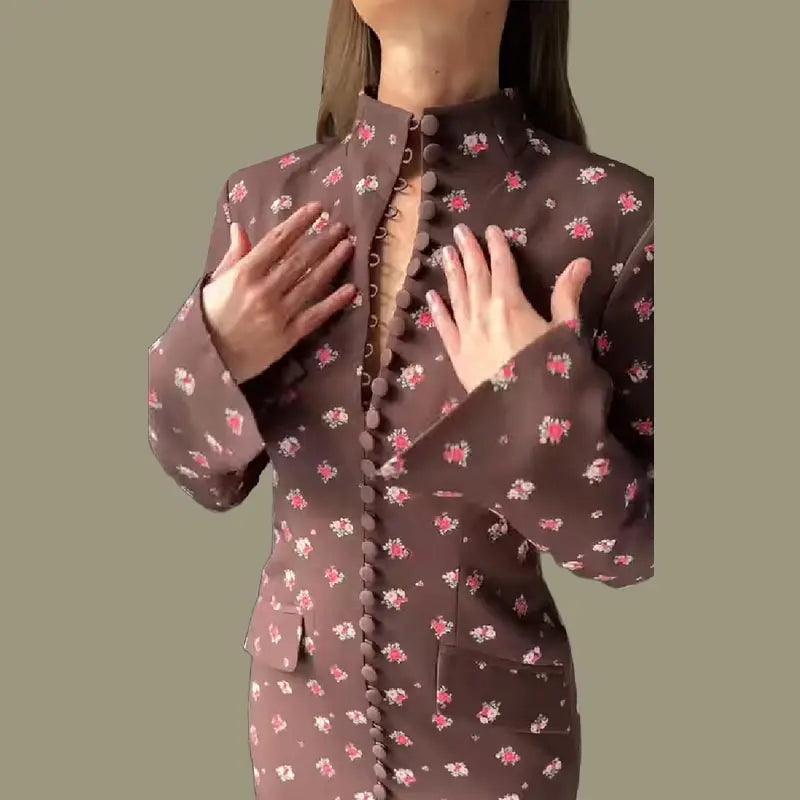Trendy Floral Print High Neck Midi Dress For Women Chic Long Sleeve Button Front Sheath Dresses Office Party Commuting Clothes
