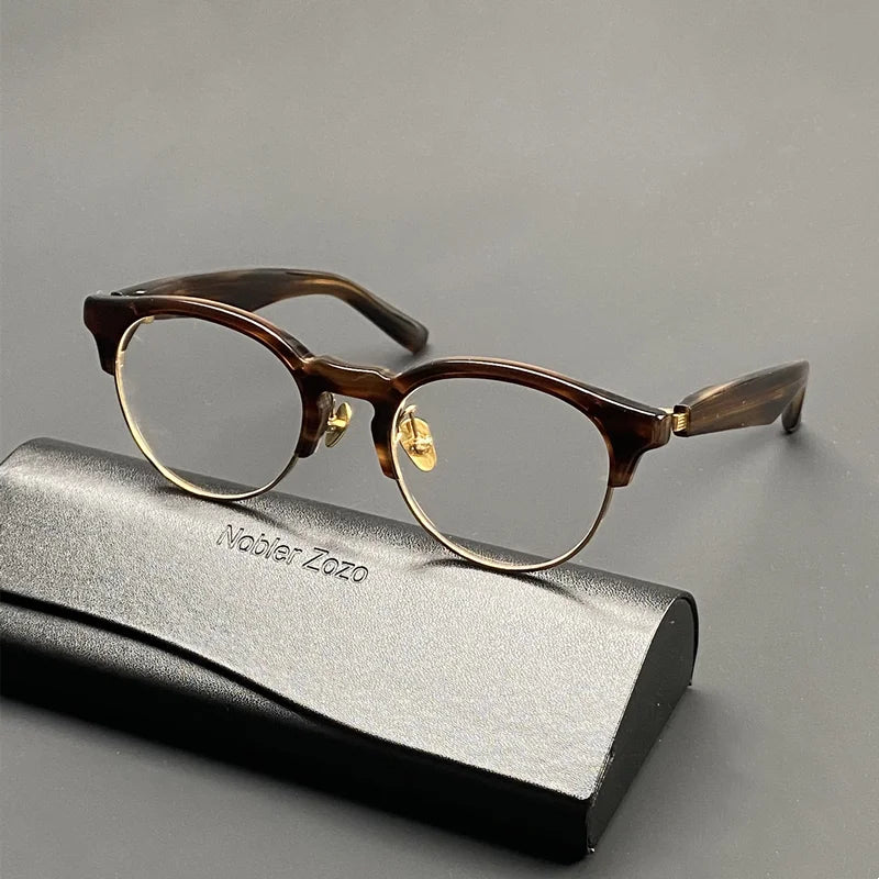 High quality acetate half frame glasses Men's round myopia prescription glasses spring legs pure titanium optical glasses frame