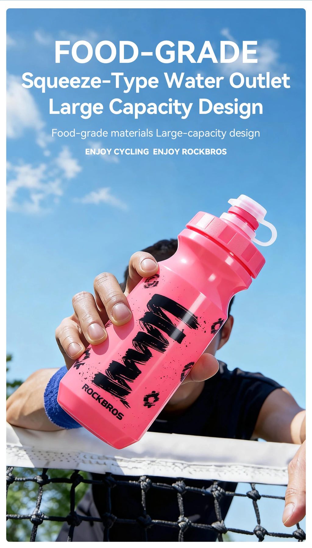 ROCKBROS Cycling Water Bottle 600ml Large Capacity Lightweight Squeeze Type Sports Bottle with Dust Cover Leakproof Water Bottle