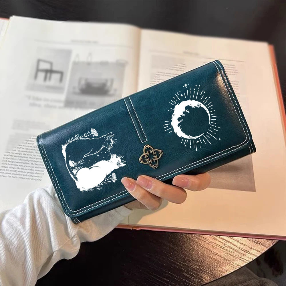 Gothic Moon Black White Cat Leather Wallet Luxury Long Purses for Cards Holder Wallets with Zip Coin Pocket Ladies Handbags