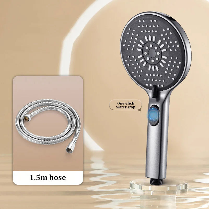 Bathroom Shower Head 5-function Large Water Output Booster Filter Handheld Shower One-button Water Stop Silicone Panel