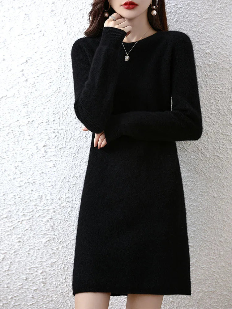Knit Dresses for Women's Fashion Sweater 100% Merino Wool Winter Ladies O-Neck Warm Knitted Dress Fall Female Casual Black Skirt