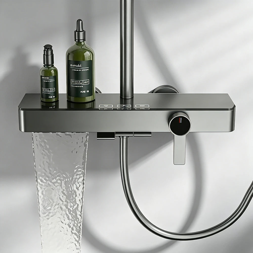 Rainlfall Pressurized Shower Set Three Functions Wall Mounted Bathroom Shower Faucet Set Brass Shower System Set with Piano Key
