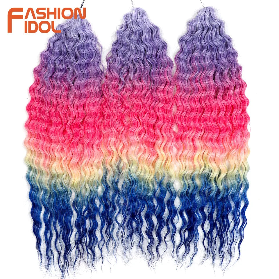 FASHION IDOL 24 Inch Ariel Hair Synthetic Crochet Curly Hair Water Wave Braid Hair Ombre Pink Deep Wave Braiding Hair Extensions