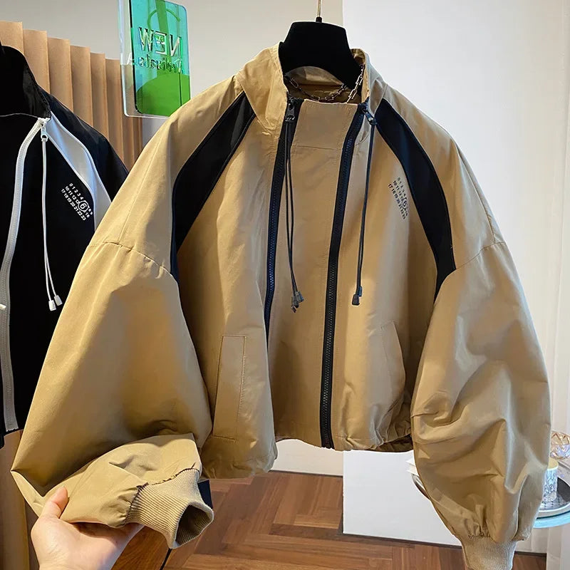 Retro Street INS Style Double Zipper Women's Stand Up Collar Jacket Spring and Autumn Casual Loose Y2k Long Sleeve Top Coat