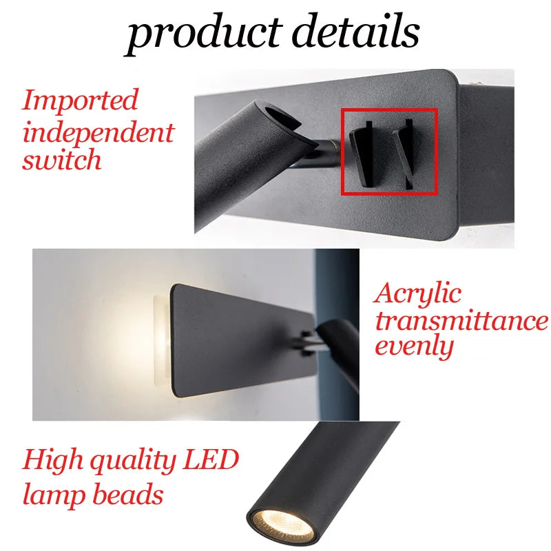 LED Wall Reading Lamp for Bedroom Hotel Minimalist Night Book Lamp Rotatable Bedside Sconce 3W Spotlight Home Lighting Fixture