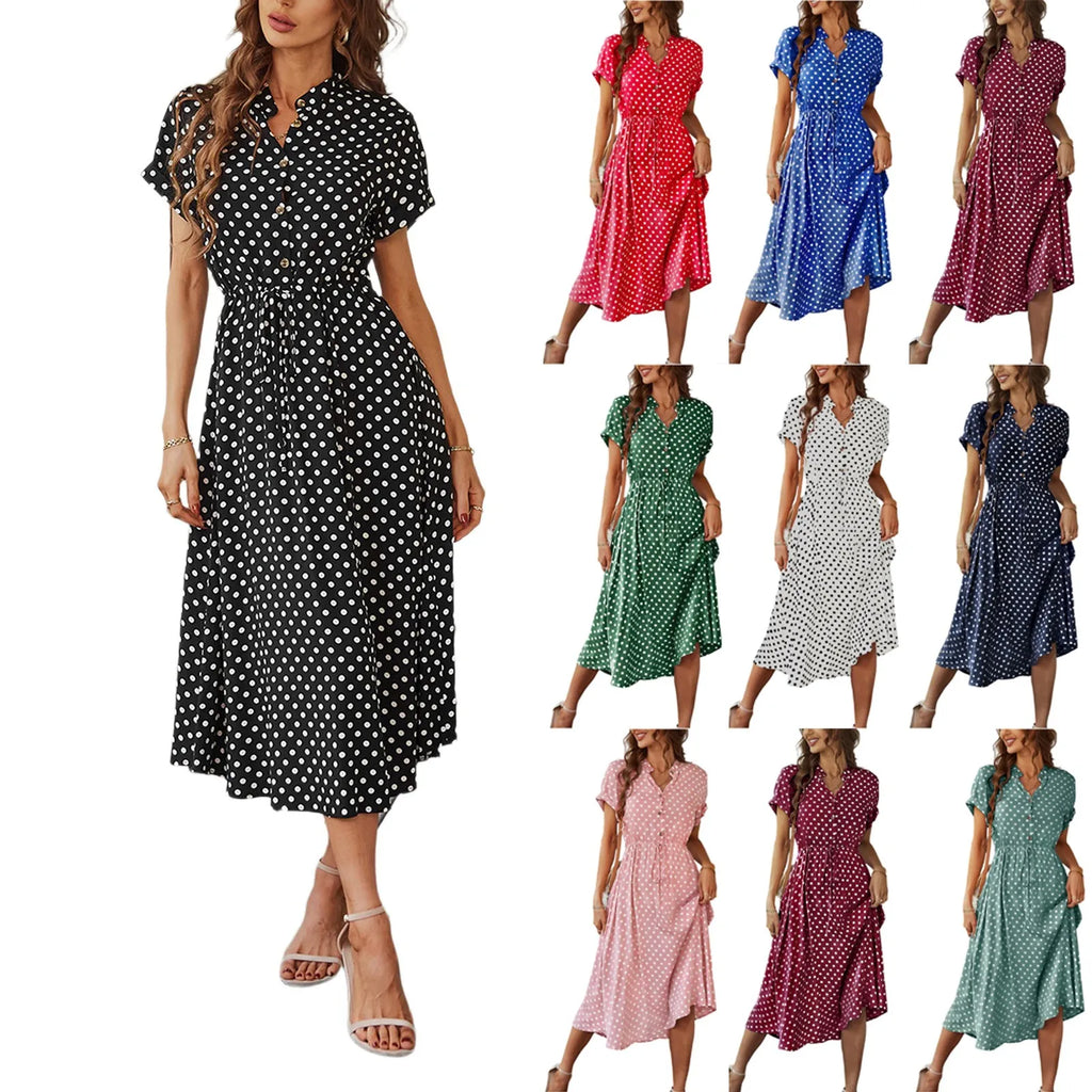 Elegant retro polka dot dress Women's Summer Midi Dress V Neck Single Breasted Short Sleeve Dresses Fashion Print Dress