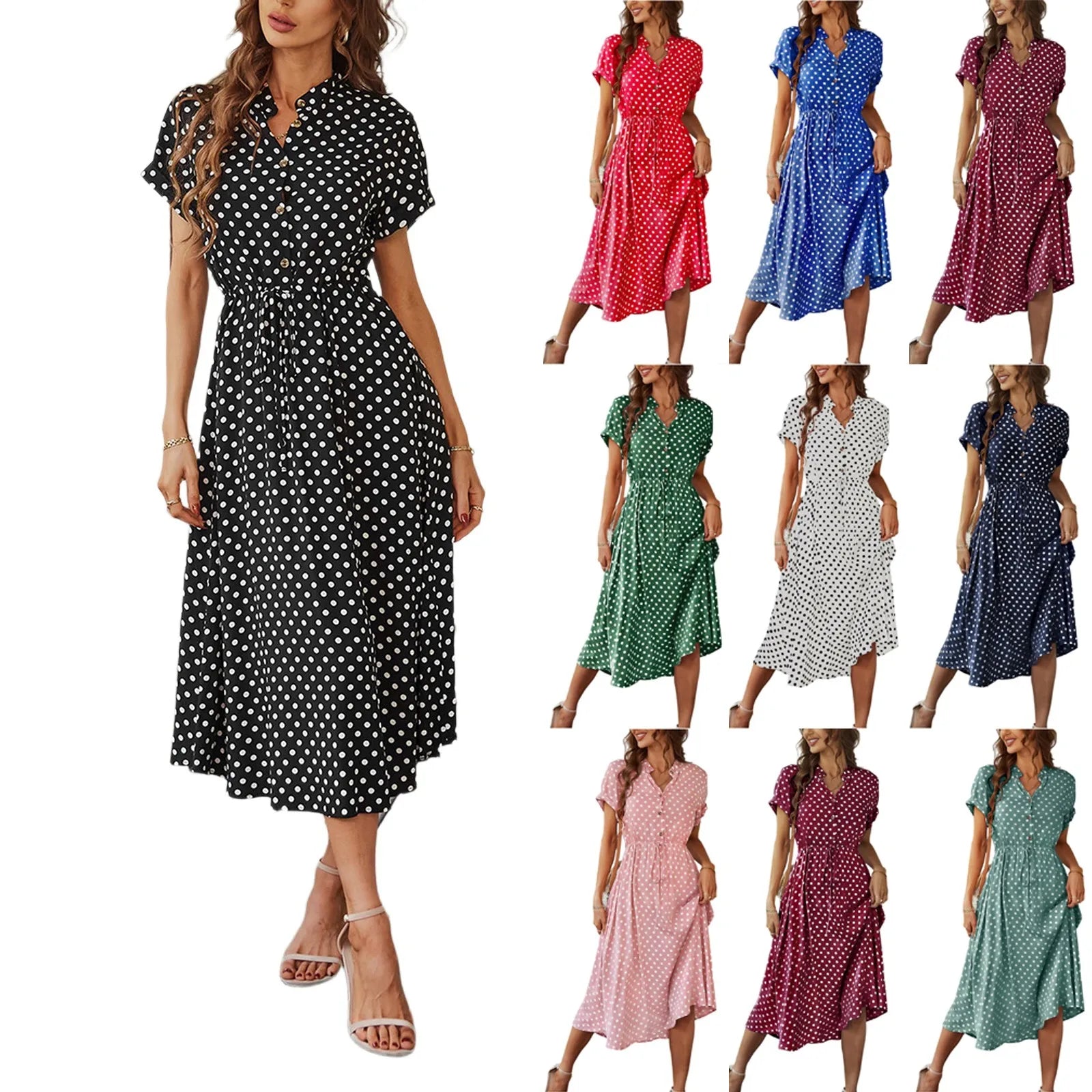 Elegant retro polka dot dress Women's Summer Midi Dress V Neck Single Breasted Short Sleeve Dresses Fashion Print Dress