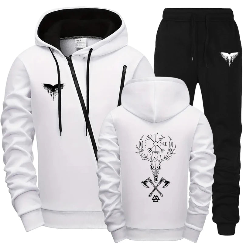 Mens Casual Riding Set 2025 Diagonal Zipper Hoodie with Joggers Urban Streetwear Tracksuit Autumn Winter