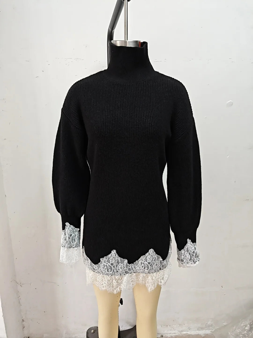 Knitted Sweater Dress For Women Autumn Winter Casual Solid High Neck Dresses Lady Fashion Lace Hem Splicing Loose Mini Vestidos