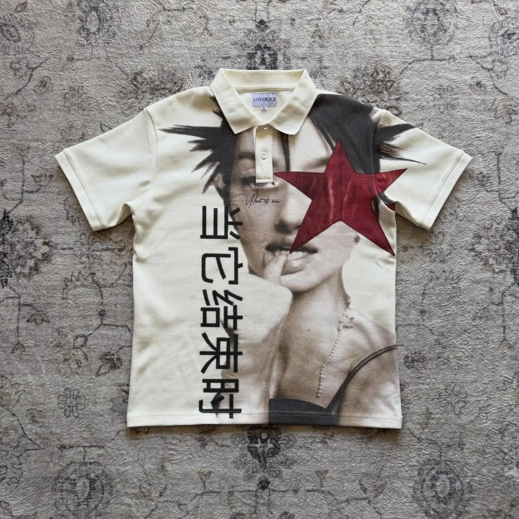 Y2k Gothic Polo T Shirts Men Women Rock Letter Embroidery Hip Hop Loose Men Shirts Round Neck Short Sleeve Polo Shirt Tops