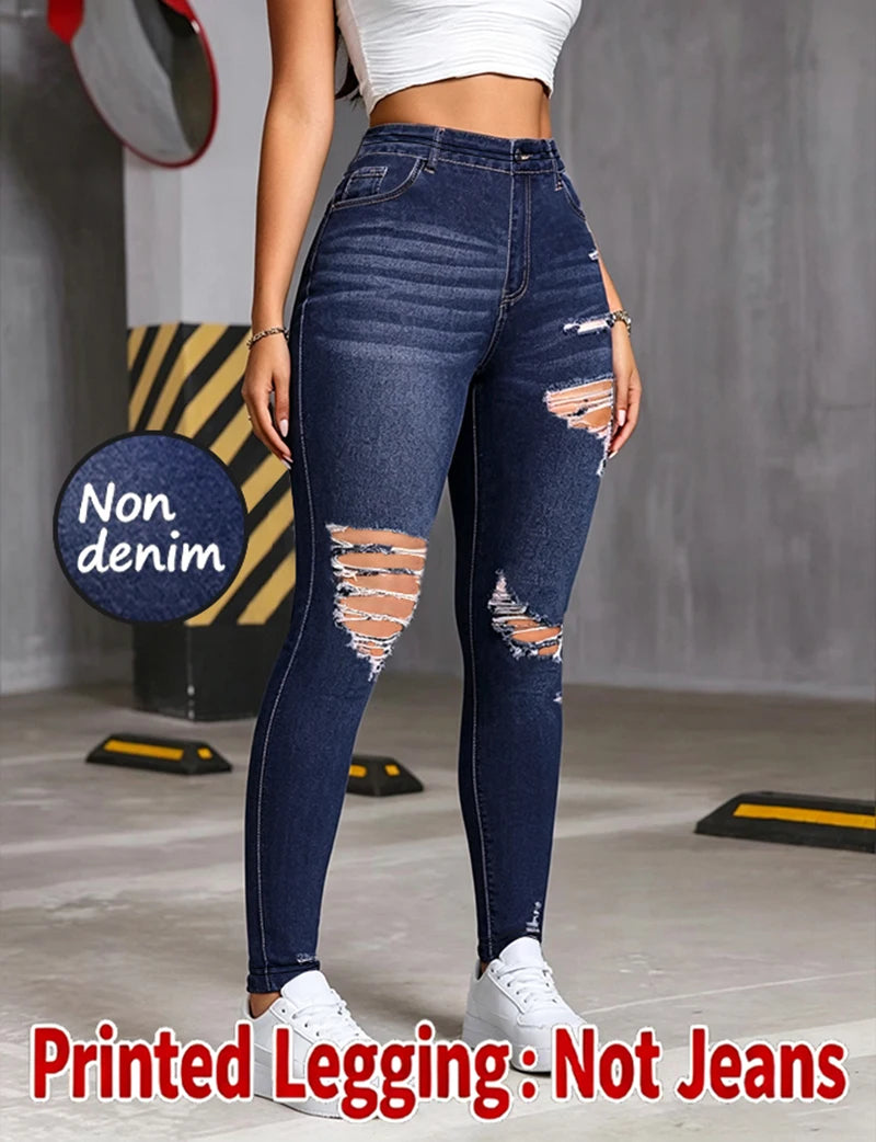 Women Printed Leggings Not Denim Fabric, Fake Pocket & Button Print Design Pants, High Elastic Fashion Slim Fit Skinny Casual