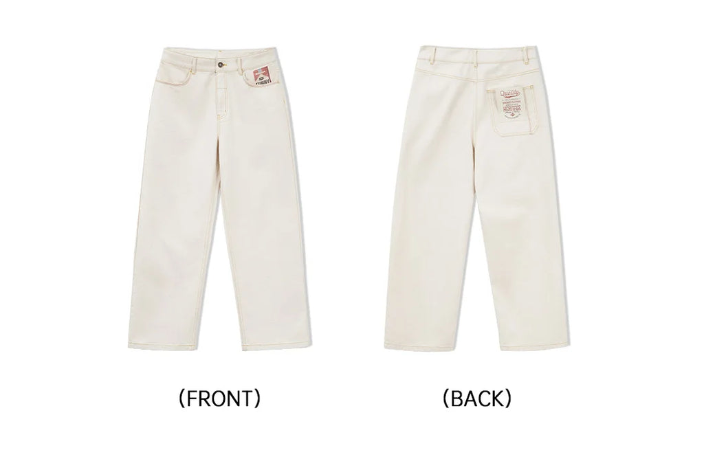 Maden Men's Vintage White Heavyweight Washed Jeans Straight 100% Cotton CleanFit Casual Pants with Zip Fly for Spring and Autumn