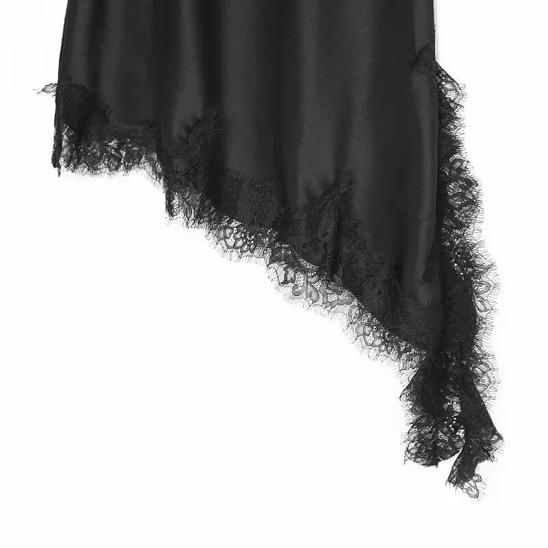Zevity 2025 Women Sexy Hollow Out Lace Stitching Hem Irregular Mini Dress Female Chic Spaghetti Strap Soft Party Vestidos DS9446