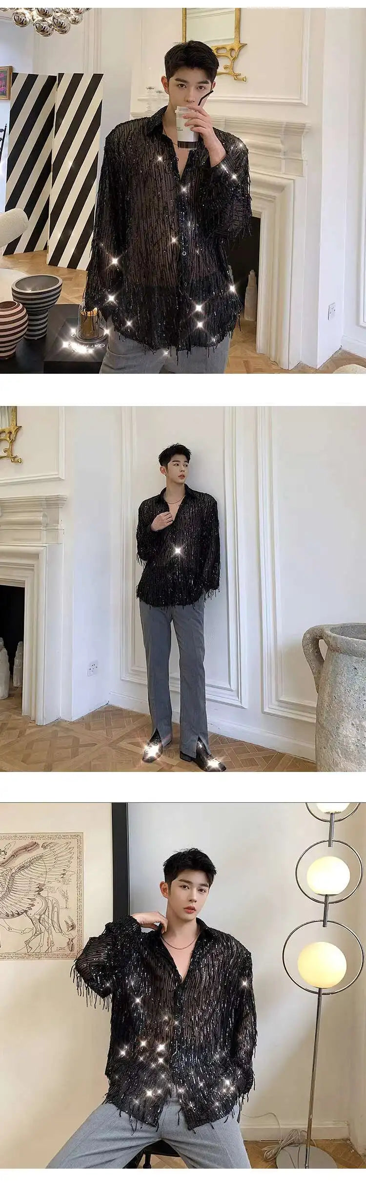 IEFB Spring Summer Men's Shirt Long Sleeve New Irregular Sequin Tassel Shirts Niche Streetwear Korean Style Male Top Tide 9Y7232