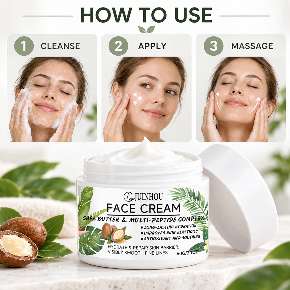 JUINHOU Moisturizing Face Cream Peptide Complex Shea Butter Deep Moisture Repair Dry Skin Firming Smooth Daily Facial Care