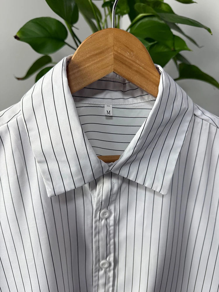 Trendy Long Sleeve Crop Shirts For Men's Spring Autumn Outdoor Casual Striped Printing Shirt Men Clothes Vintage Lapel Cardigan