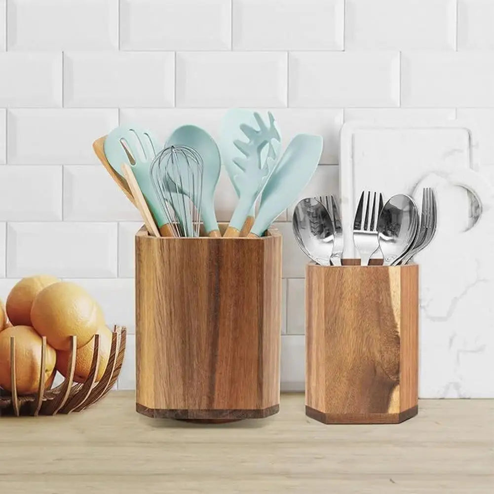 Kitchen Utensil Organizer Wooden Utensil Holder Wood Utensil Holder Rotating Countertop Organizer with Non-slip for Spatulas