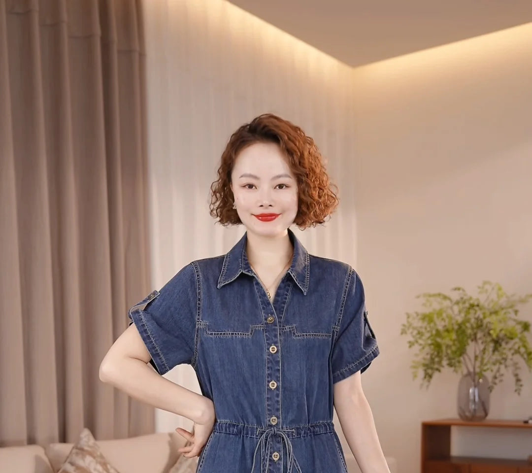 Denim Dress For women Summer 2026 New Female Single Breasted Short sleeved Slim Temperament Casual Dresses With pockets