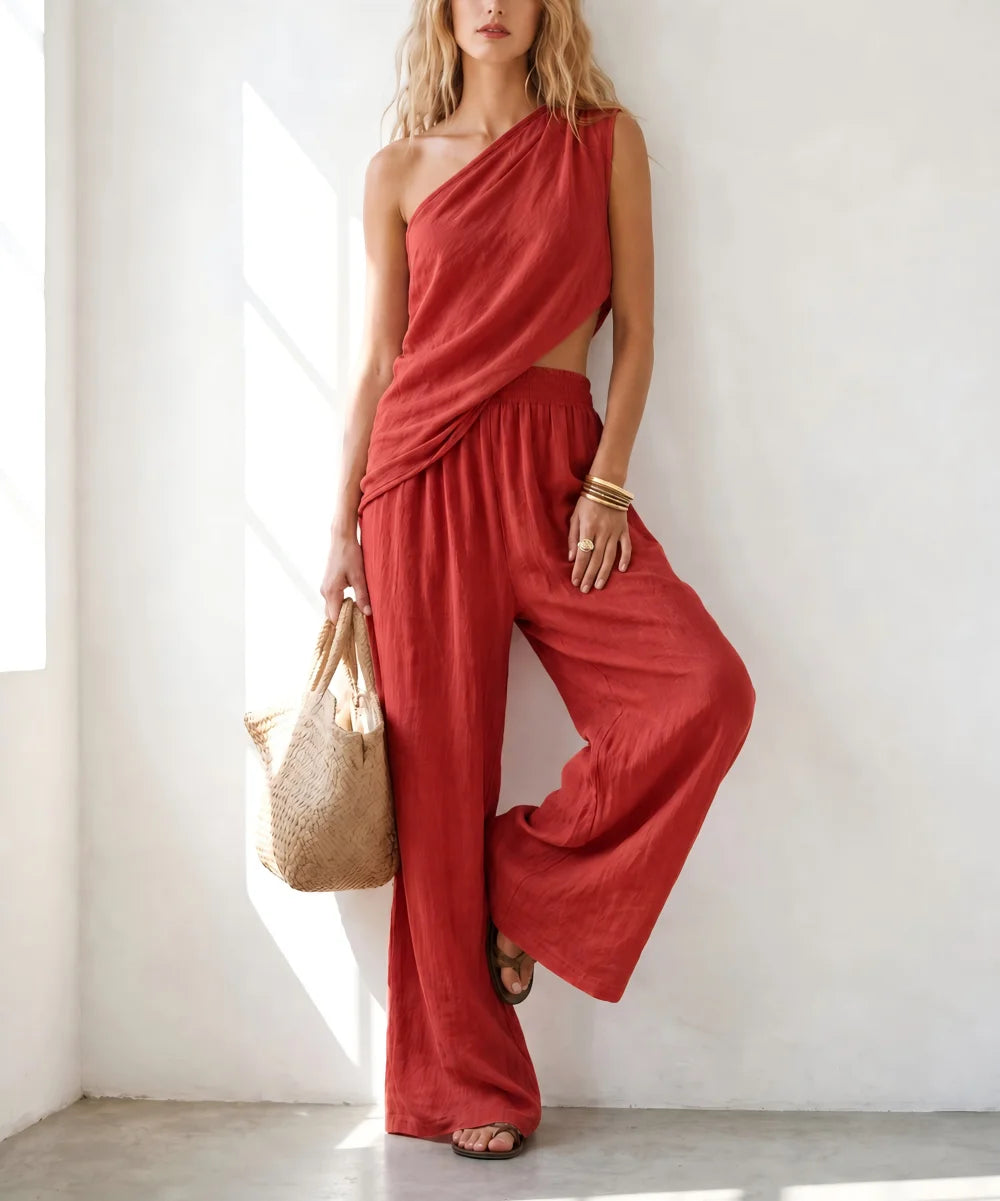 Summer Women Slant Shoulder Top & Wide Leg Pants 2 Piece Outfit Cotton Linen Casual Matching Suit