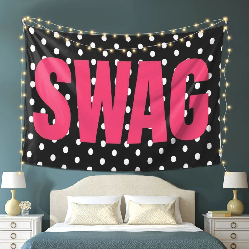 VIKAMA Polka Dot SWAG Tapestry Bold Pink Letter Wall Hanging for Bedroom Dorm Room Aesthetic Decor Trendy Wall Blanket