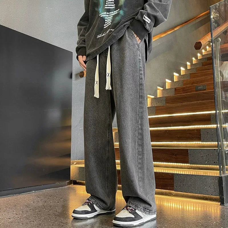 Black Vintage Men Jeans Spring Trend Straight Elastic Waist Wide Leg Denim Pants Male Daily High Street Comfortable Trousers