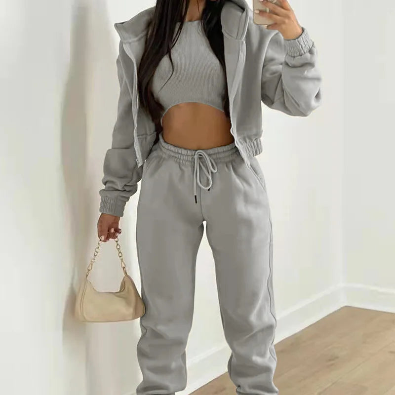 Women's Casual Three-Piece Set: Spring/Autumn European and American Style Fleece Hooded Sweatshirt and Sportswear