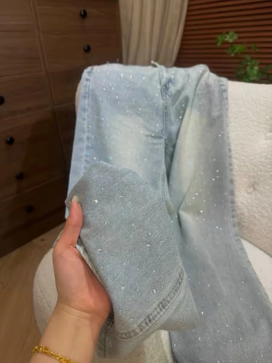 Light Blue Glitter Heavy Embellished Wide Leg Jeans Summer New Loose Fit Floor Length Pants Slimming Effect High Waist Denim