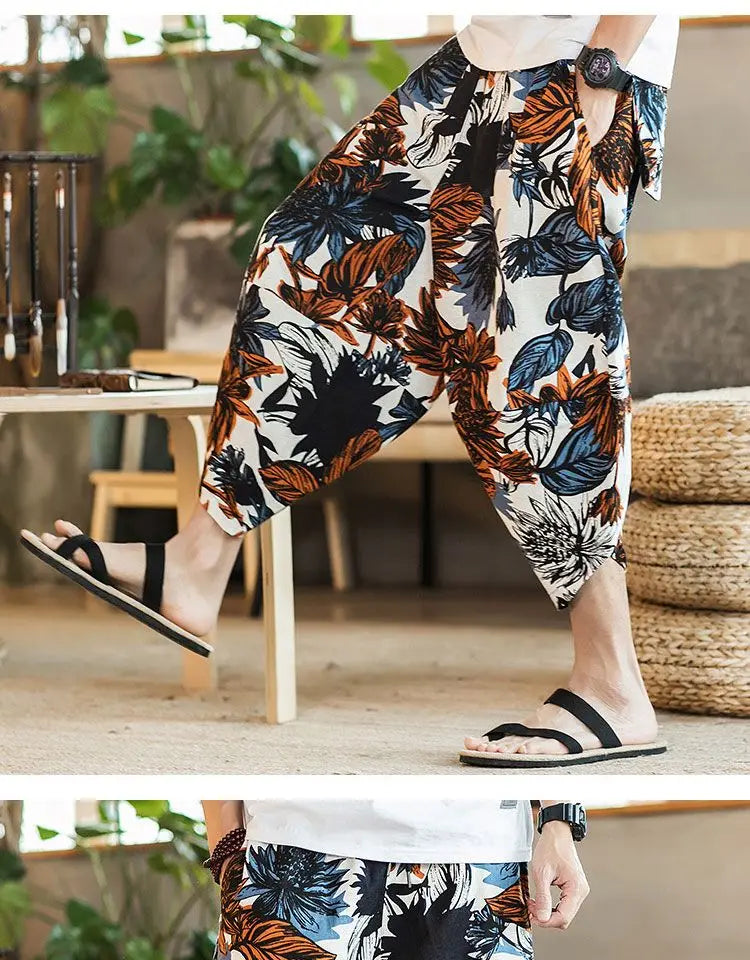 Men's Casual Cotton Linen Seven-Foot Pants Summer plus Size Lantern Loose Fit Shorts Harlan Style Comfortable Breathable Leis...