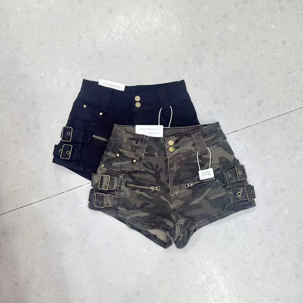 American High Street Camo Cargo Denim Shorts Women High Waist Hip Lifting Fashion Casual Hot Pants
