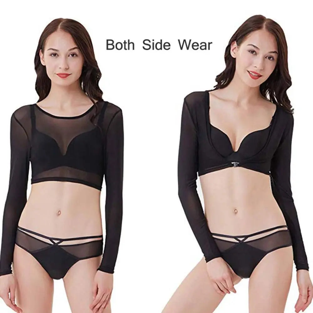 Stylish Long Sleeve Undershirt Front Button Both Side Wear Mesh Top Blouses Black White T-shirt Women Girls