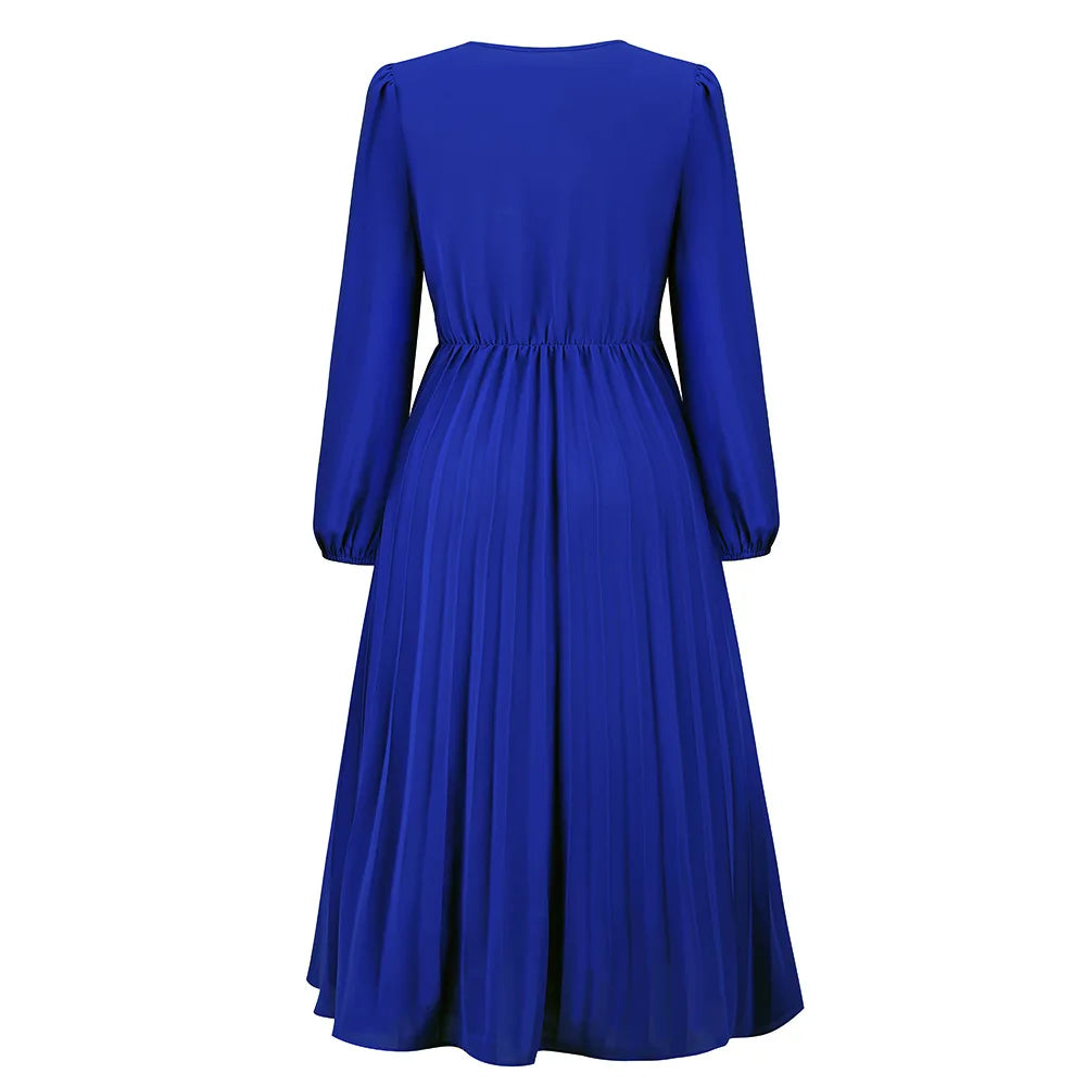 Elegant Women's Green Chiffon Autumn/Winter Long Sleeve Slim Fit Pleated Dress Fashion Women's V-neck Belt Party Dresses S-2XL