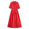 Women Long dress With Belt Spring Poplin Lady Short Sleeve Dress Pocket Women's Midi Dress Side Zipper Female Dresses