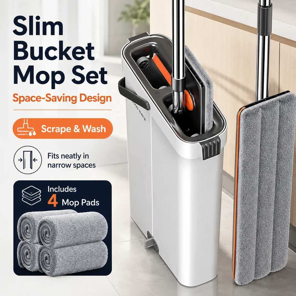 Joybos Space-Saving Slim Mop Bucket Set (Only 5.3" Wide), Self-Wringing Flat Mop with Built-in Hair Scraper & Anti-Tipping Suction Base, Includes 2 Washable Pads