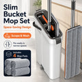 Joybos Space-Saving Slim Mop Bucket Set (Only 5.3" Wide), Self-Wringing Flat Mop with Built-in Hair Scraper & Anti-Tipping Suction Base, Includes 2 Washable Pads
