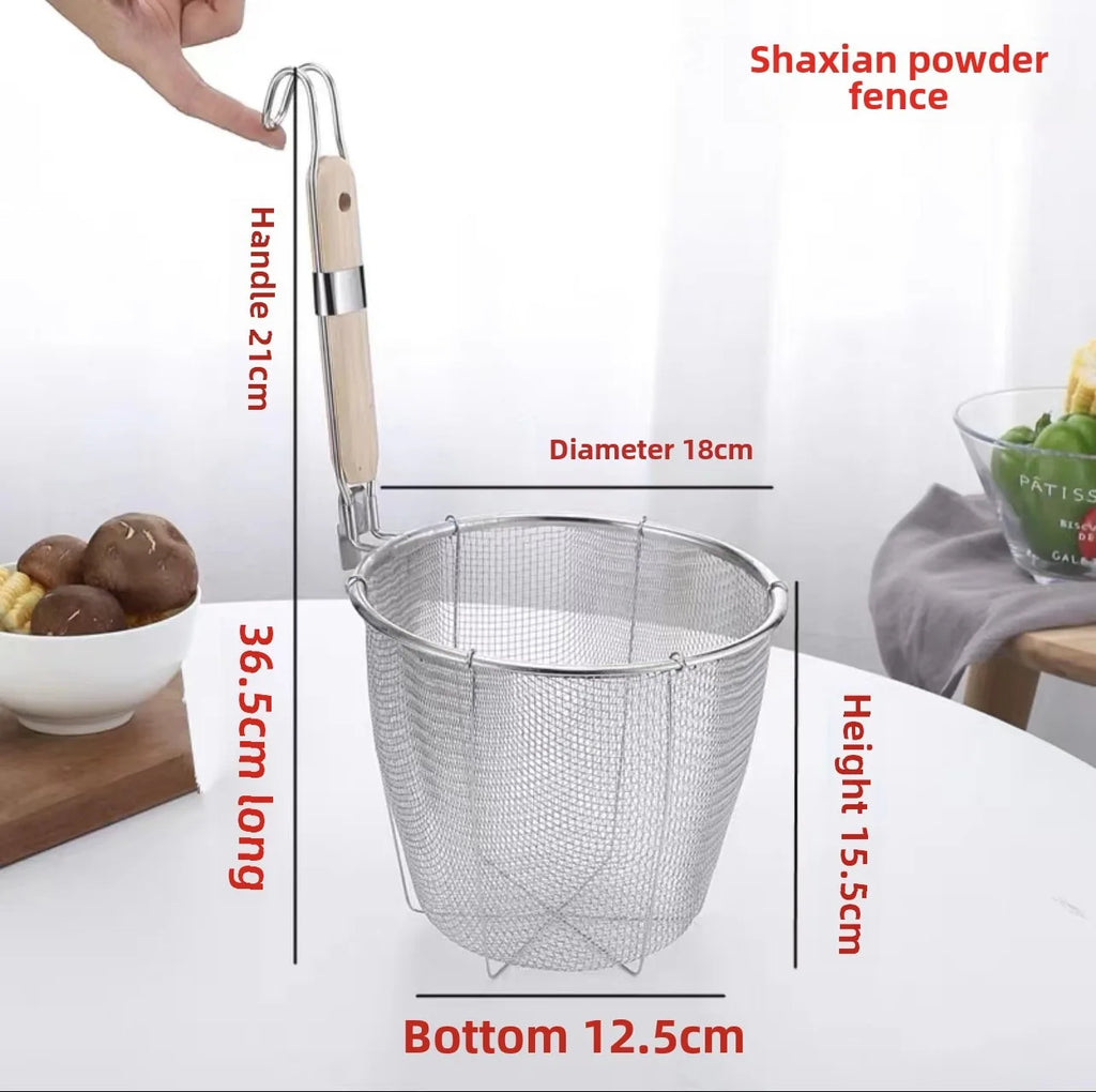 Durable Stainless Steel Noodle Funnel Wooden Handle Pasta Basket Strainer Multifunctional Fine Mesh Sieve Spoon Kitchen Gadgets