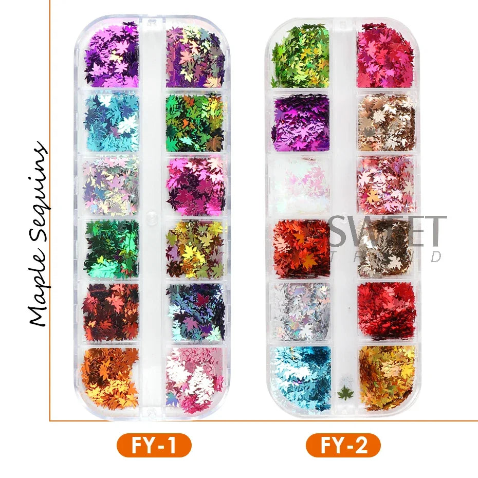 12 Grids Mirror Gold Maple Leaves Nail Art Sequins Autumn Leaf Design DIY Charm Jewelry Fall Theme Glitter Flakes Manicure Decor