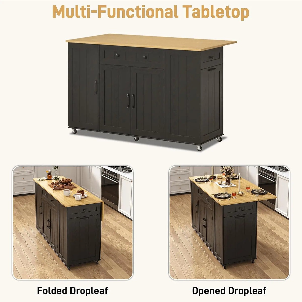 57" Rolling Kitchen Island With Power Outlet & Drop Leaf, Mobile Cart With Hidden Trash Cabinet & Towel Rack, Black, Customized