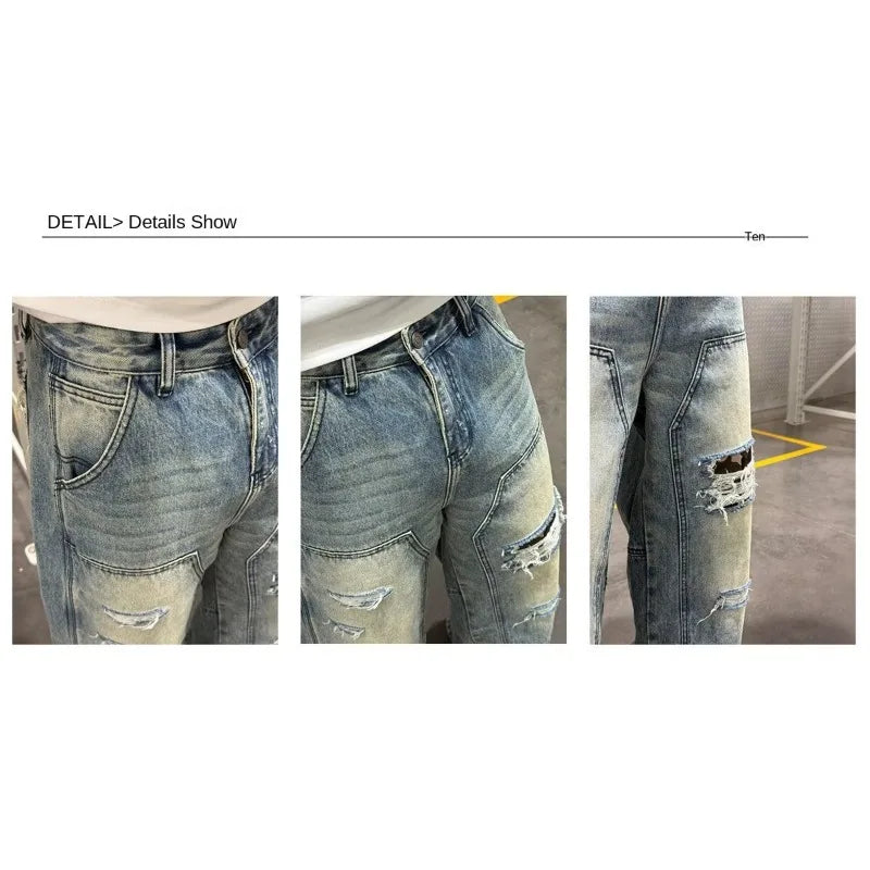 Men's Jeans Man Pants Heavy Duty Washed Multi Pocket Carpenter Style Straight Loose Denim Trousers Casual Fit High Street