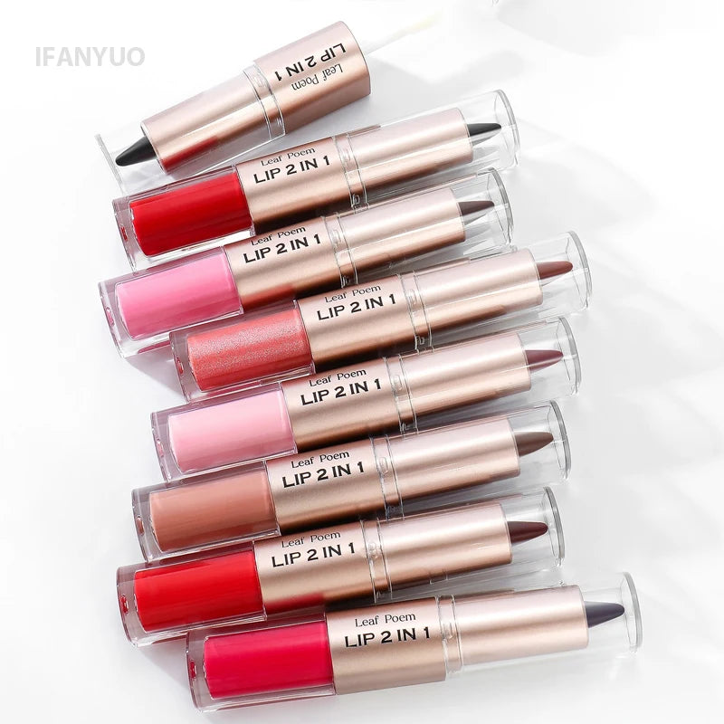 2 in 1 Lip Liner & Lip Gloss Waterproof Double Ended Matte Contour Pencil Crystal Mirror Lip Glaze Lasting Non Sticky Lip Makeup